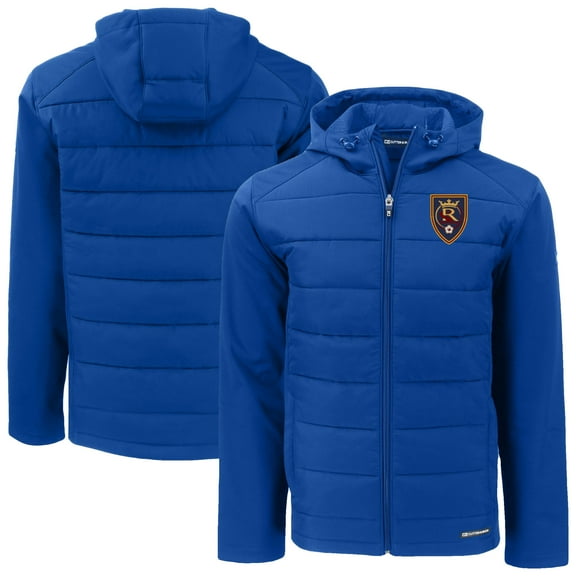 Men's-Cutter & Buck  Blue Real Salt Lake Evoke Hybrid Eco Softshell Recycled Full Zip Hooded Jacket