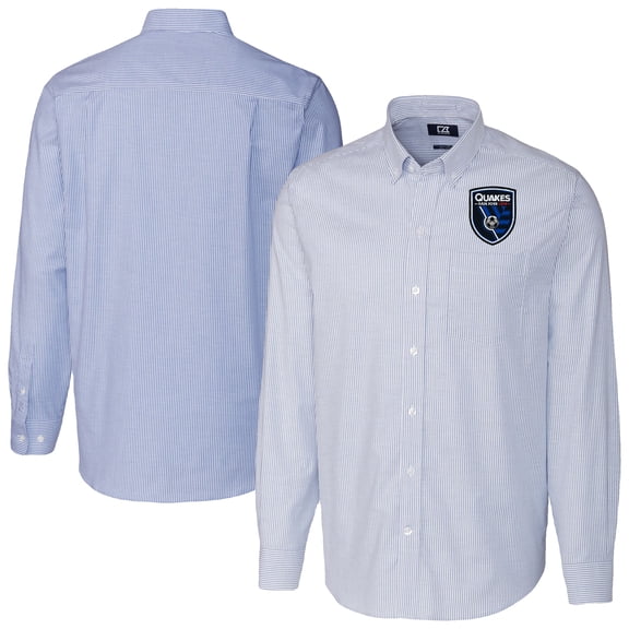 Men's-Cutter & Buck Blue San Jose Earthquakes Stretch Oxford Stripe Tri-Blend Long Sleeve Button-Down Shirt