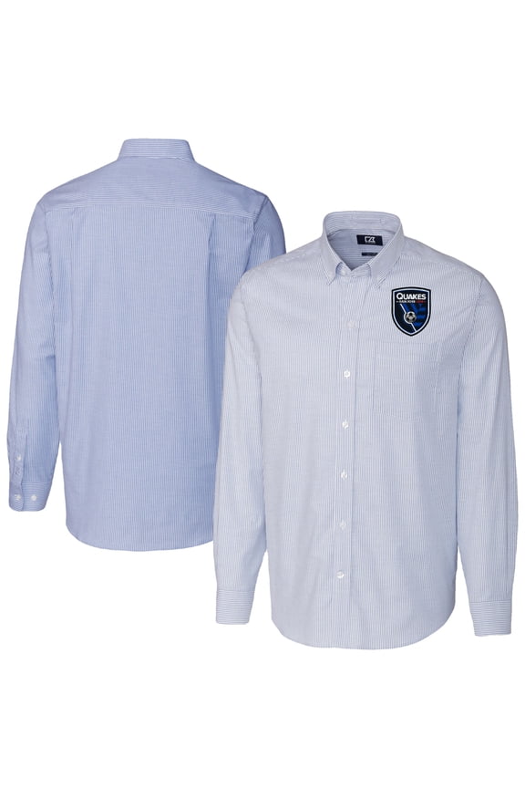 Men's-Cutter & Buck Blue San Jose Earthquakes Stretch Oxford Stripe Tri-Blend Long Sleeve Button-Down Shirt