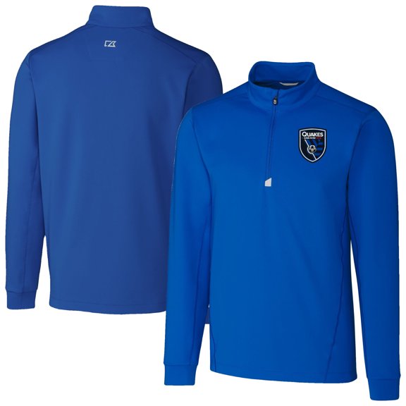 Men's-Cutter & Buck  Blue San Jose Earthquakes Traverse Stretch Eco Quarter-Zip Pullover Top