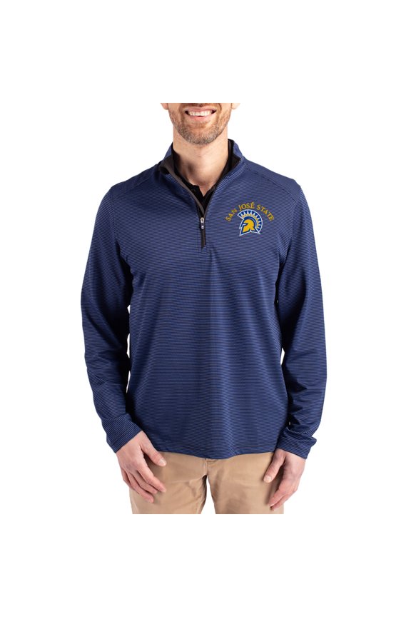 Men's-Cutter & Buck Blue San Jose State Spartans Virtue Micro Stripe DryTec Quarter-Zip Pullover
