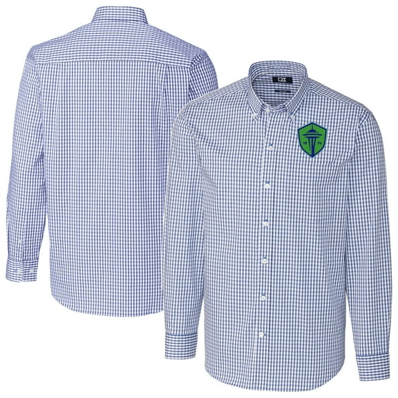Men's Cutter & Buck Blue Seattle Sounders FC Big & Tall Big & Tall Easy Care Stretch Gingham Long Sleeve Dress Shirt