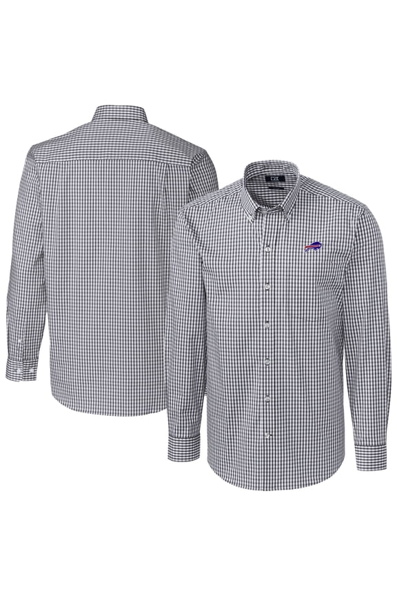 Men's Cutter & Buck Charcoal Buffalo Bills Big & Tall Easy Care Stretch Gingham Long Sleeve Button-Down Dress Shirt