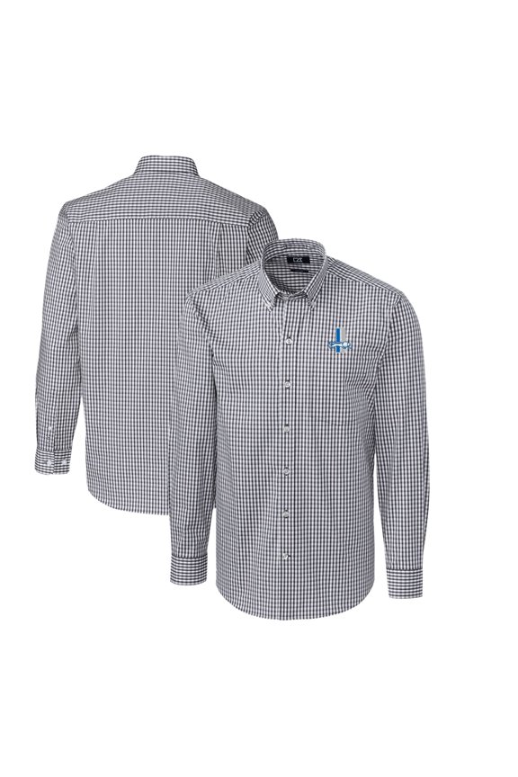 Men's Cutter & Buck Charcoal Detroit Lions Throwback Logo Easy Care Stretch Gingham Long Sleeve Button-Down Shirt
