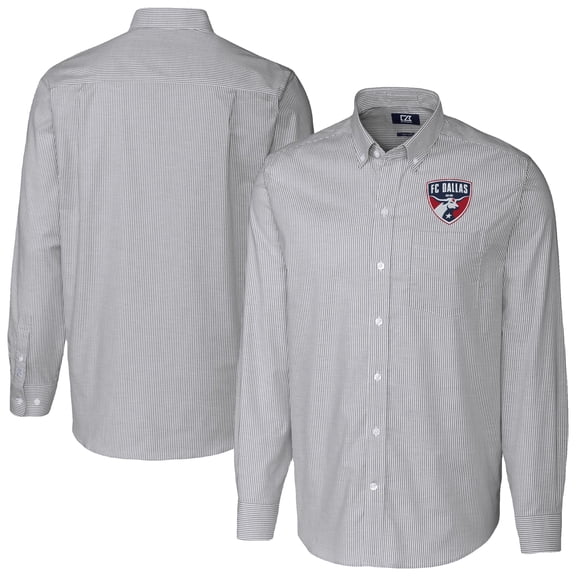 Men's-Cutter & Buck Charcoal FC Dallas Big & Tall Stretch Oxford Stripe Tri-Blend Long Sleeve Dress Shirt