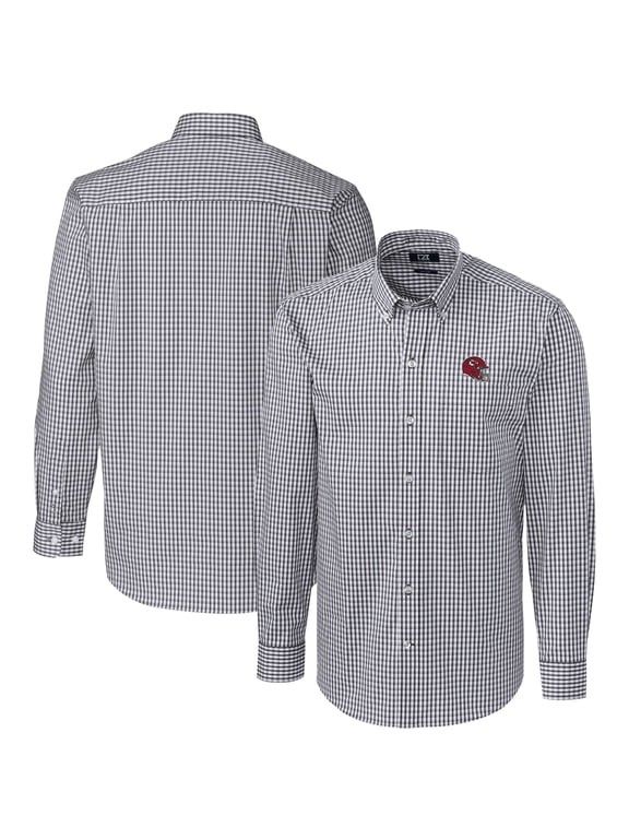 Men's Cutter & Buck Charcoal Kansas City Chiefs Helmet Easy Care Stretch Gingham Long Sleeve Button-Down Shirt