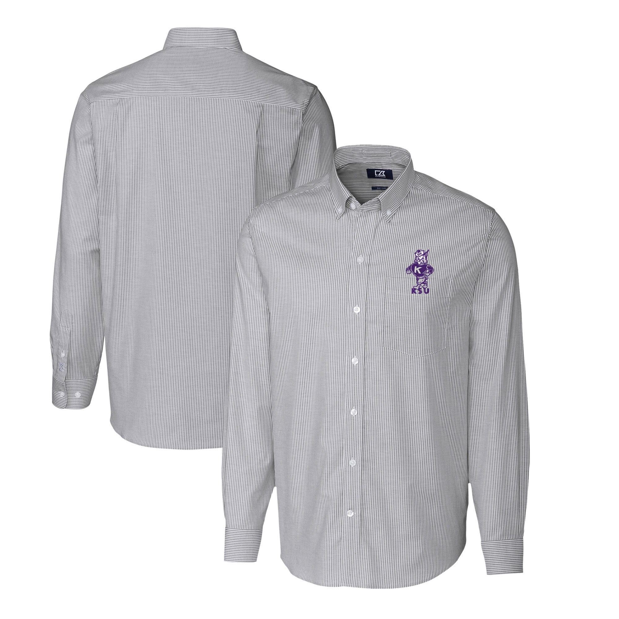 k state dress shirt Men's Cutter & Buck Charcoal Kansas State Wildcats Stretch Oxford Stripe  Big & Tall Long Sleeve Dress Shirt