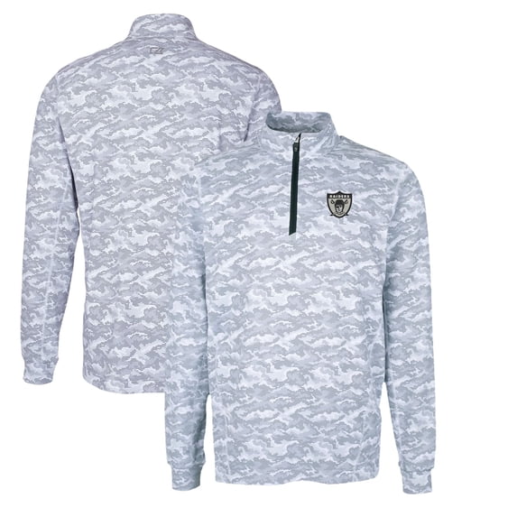 Men's Cutter & Buck Charcoal Las Vegas Raiders Throwback Logo Traverse Camo Print Stretch Quarter-Zip Pullover Top