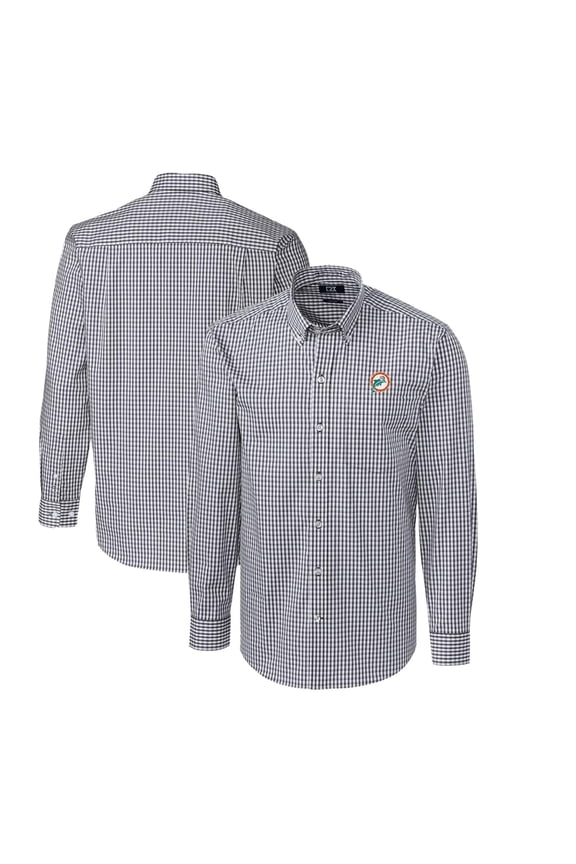 Men's Cutter & Buck Charcoal Miami Dolphins Throwback Logo Easy Care Stretch Gingham Long Sleeve Button-Down Shirt