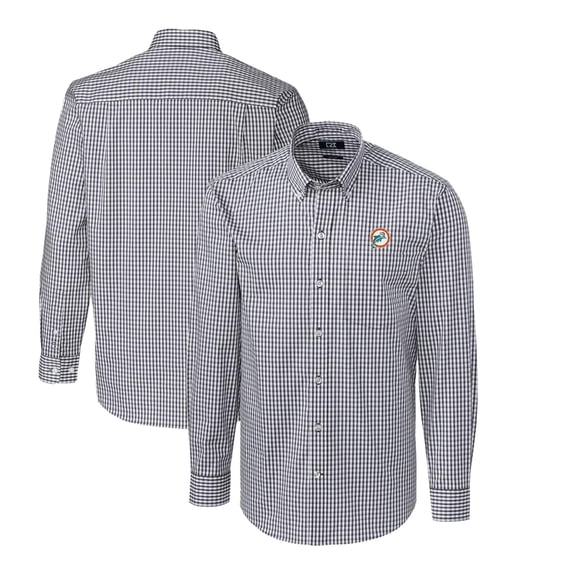 Men's Cutter & Buck Charcoal Miami Dolphins Throwback Logo Easy Care Stretch Gingham Long Sleeve Button-Down Shirt