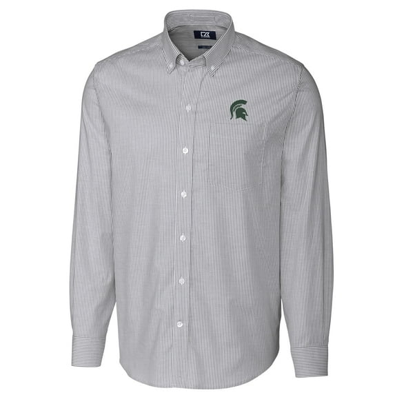 Men's Cutter & Buck Charcoal Michigan State Spartans Big & Tall Stretch Oxford Stripe Long Sleeve Button Down Shirt