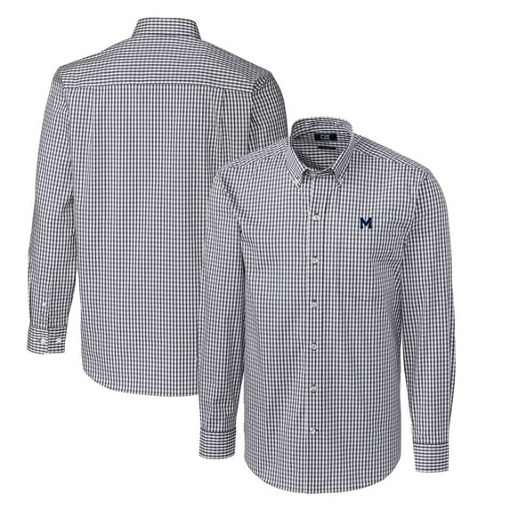Men's Cutter & Buck Charcoal Michigan Wolverines Easy Care Stretch Gingham Big & Tall Long Sleeve Button-Down Shirt