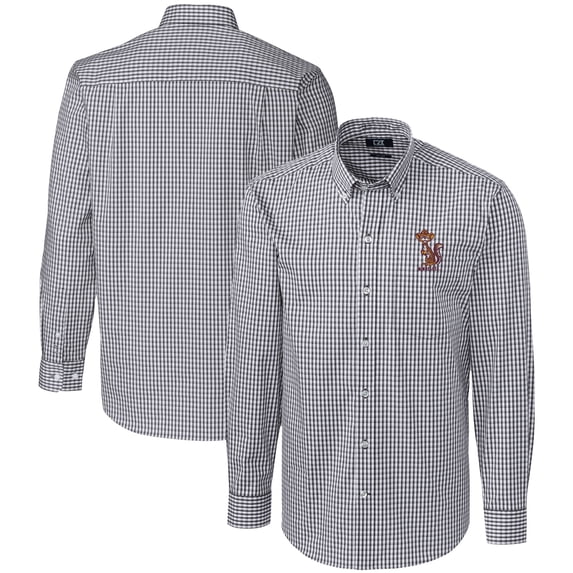 Men's Cutter & Buck Charcoal Minnesota Golden Gophers Vault Easy Care Stretch Gingham Long Sleeve Dress Shirt