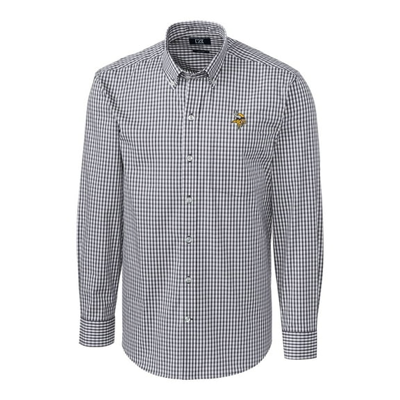 Men's Cutter & Buck Charcoal Minnesota Vikings Big & Tall Stretch Gingham Long Sleeve Woven Button Down Shirt