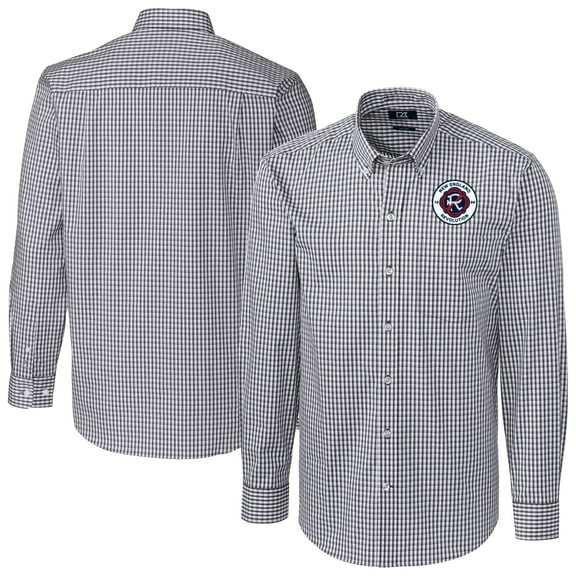 Men's Cutter & Buck  Charcoal New England Revolution Big & Tall Easy Care Stretch Gingham Long Sleeve Dress Top