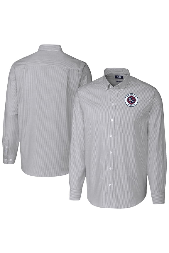 Men's Cutter & Buck Charcoal New England Revolution Stretch Oxford Stripe Long Sleeve Tri-Blend Button-Down Shirt