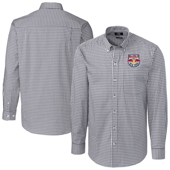 Men's Cutter & Buck  Charcoal New York Red Bulls Big & Tall Easy Care Stretch Gingham Long Sleeve Dress Top