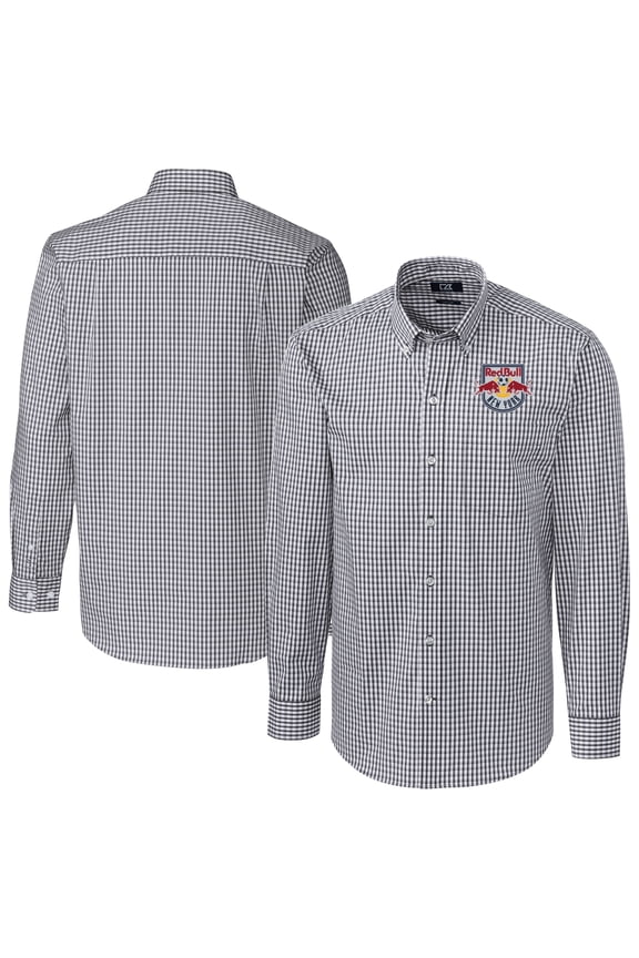 Men's-Cutter & Buck Charcoal New York Red Bulls Easy Care Stretch Gingham Long Sleeve Dress Top