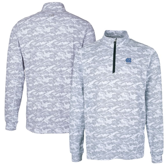 Men's Cutter & Buck Charcoal North Carolina Tar Heels Alumni Logo Traverse Camo Print Stretch Quarter-Zip Pullover Top
