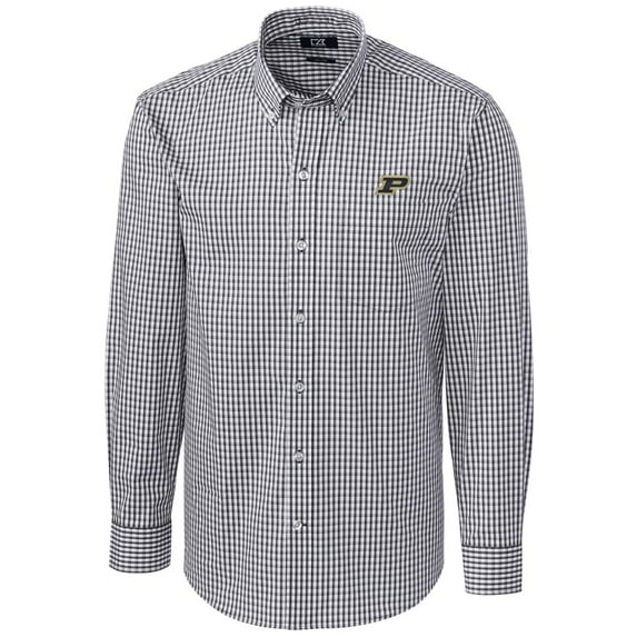 Men's Cutter & Buck Charcoal Purdue Boilermakers Big & Tall Stretch Gingham Long Sleeve Button Down Shirt
