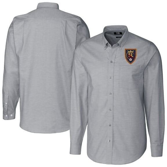 Men's-Cutter & Buck Charcoal Real Salt Lake Stretch Oxford Stripe Tri-Blend Long Sleeve Button-Down Shirt