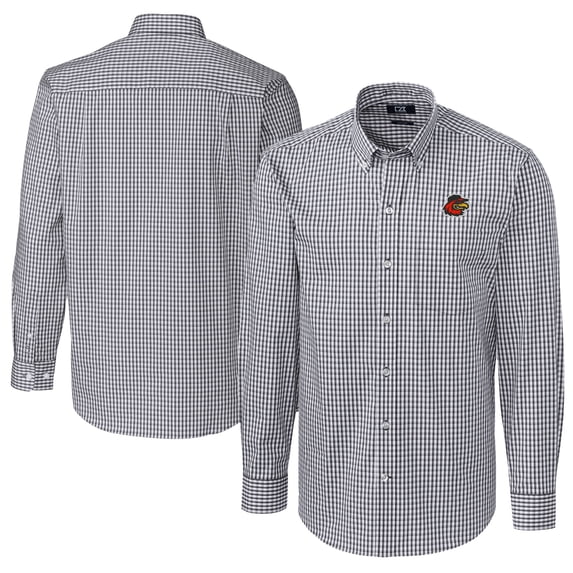 Men's Cutter & Buck Charcoal Rochester Red Wings Big & Tall Easy Care Stretch Gingham Long Sleeve Button-Down Shirt