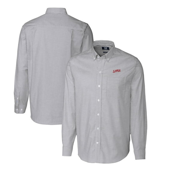 Men's Cutter & Buck Charcoal SMU Mustangs Big & Tall Stretch Oxford Stripe Long Sleeve Dress Shirt