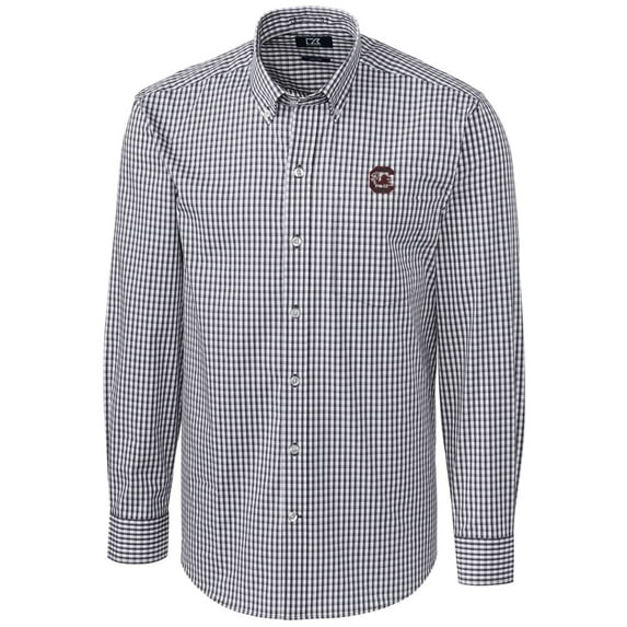 Men's Cutter & Buck Charcoal South Carolina Gamecocks Big & Tall Stretch Gingham Long Sleeve Button Down Shirt