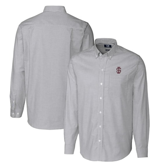 Men's Cutter & Buck Charcoal Southern Illinois Salukis Vault Big & Tall Oxford Stripe Long Sleeve Button-Down Shirt