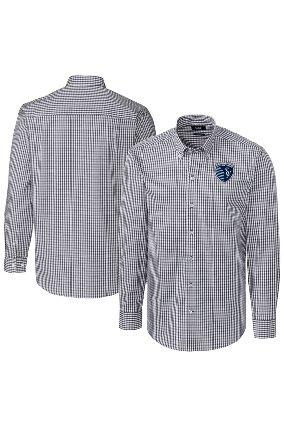 Men's Cutter & Buck Charcoal Sporting Kansas City Big & Tall Big & Tall Easy Care Stretch Gingham Long Sleeve Dress