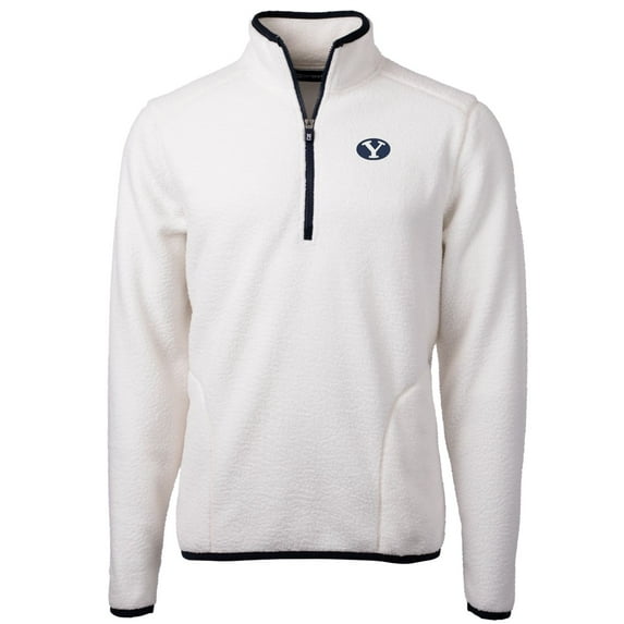 Men's Cutter & Buck Cream BYU Cougars Team Logo Cascade Eco Sherpa Fleece Quarter-Zip Pullover Jacket
