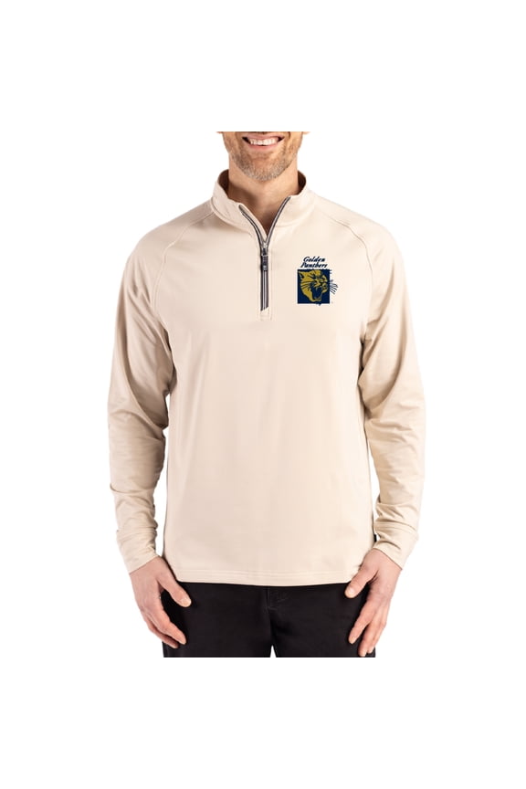 Men's Cutter & Buck Cream FIU Panthers Vault Logo Adapt Eco Knit Stretch Raglan Quarter-Zip Pullover