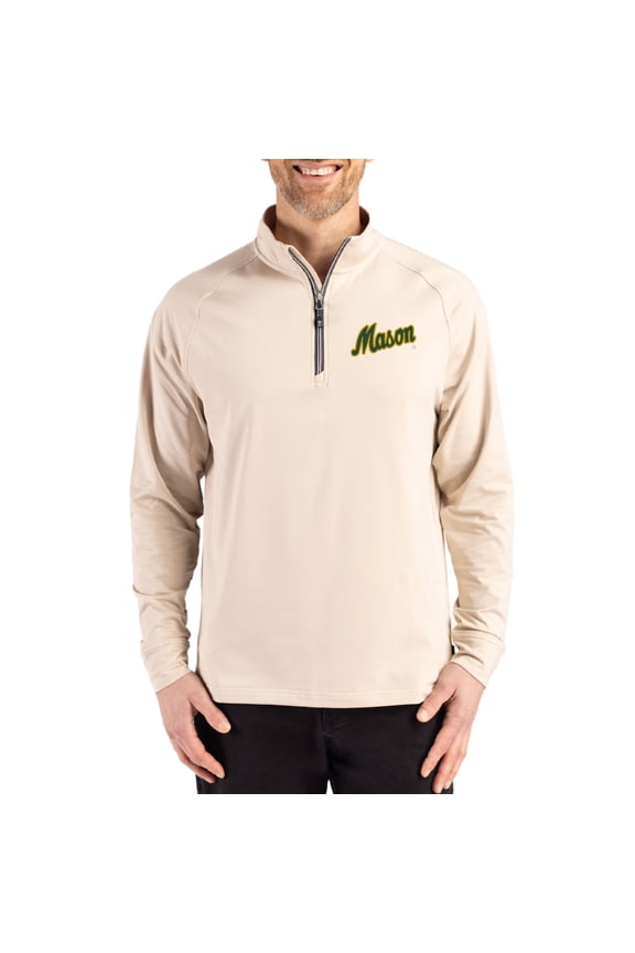 Men's Cutter & Buck Cream George Mason Patriots Vault Logo Adapt Eco Knit Stretch Raglan Quarter-Zip Pullover