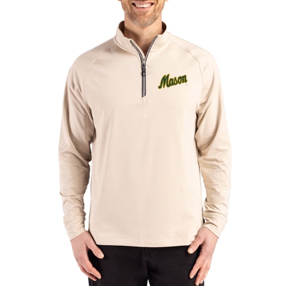 Men's Cutter & Buck Cream George Mason Patriots Vault Logo Adapt Eco Knit Stretch Raglan Quarter-Zip Pullover