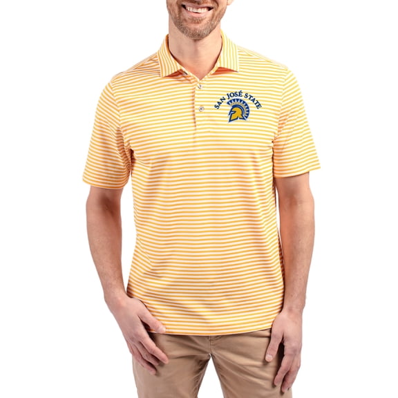Men's Cutter & Buck Gold San Jose State Spartans Virtue Eco Pique Stripe Recycled DryTec Polo