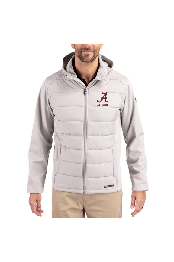Men's Cutter & Buck Gray Alabama Crimson Tide Evoke Hybrid Eco Softshell Recycled Full Zip Hooded Jacket