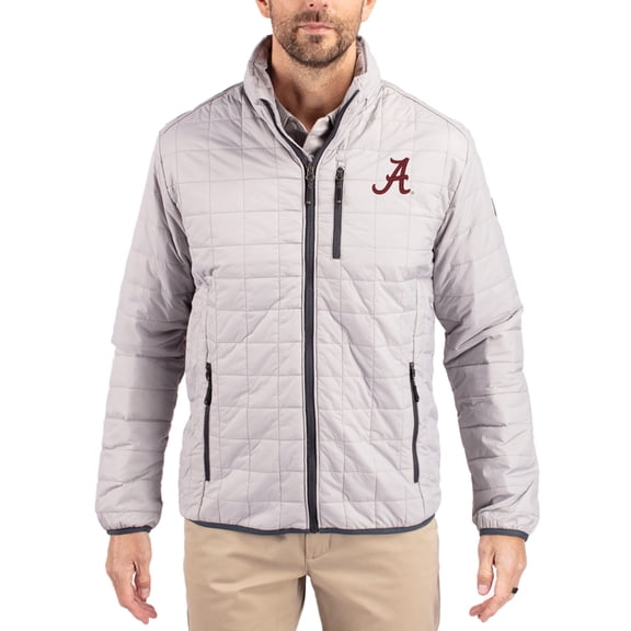 Men's-Cutter & Buck Gray Alabama Crimson Tide Rainier Eco Insulated PrimaLoft Full-Zip Puffer Jacket