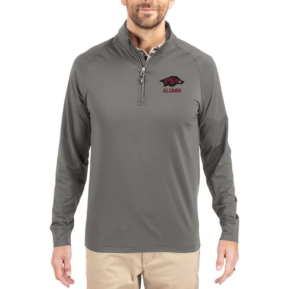 Men's Cutter & Buck Gray Arkansas Razorbacks Alumni Logo Adapt Eco Knit Stretch Raglan Quarter-Zip Pullover