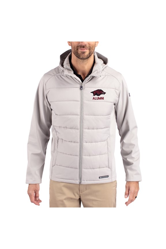 Men's Cutter & Buck Gray Arkansas Razorbacks Evoke Hybrid Eco Softshell Recycled Full Zip Hooded Jacket