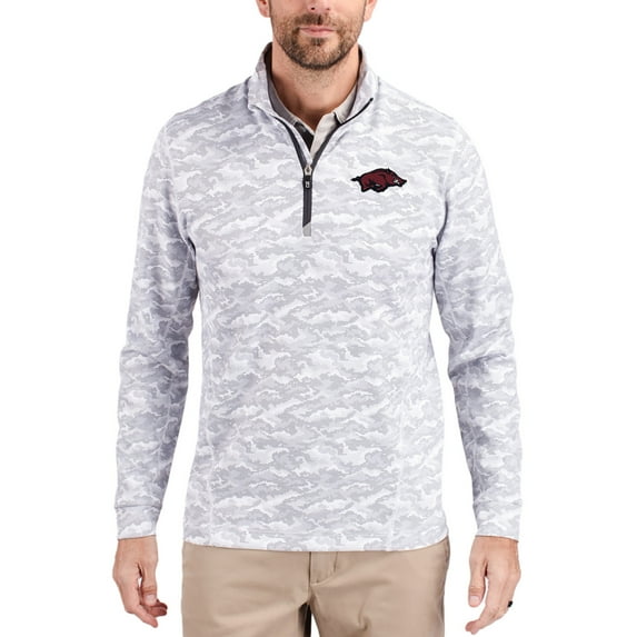 Men's-Cutter & Buck Gray Arkansas Razorbacks Traverse Stretch Eco Camo DryTec Tri-Blend Quarter-Zip Pullover