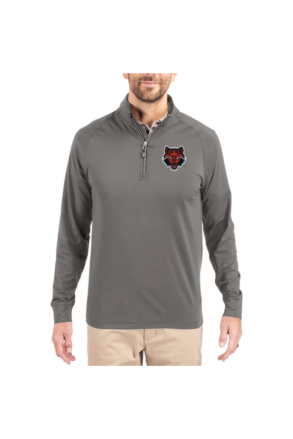 Men's Cutter & Buck Gray Arkansas State Red Wolves Primary Logo Adapt Eco Knit Stretch Raglan Quarter-Zip Pullover