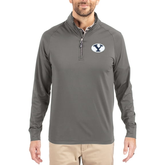 Men's Cutter & Buck Gray BYU Cougars Primary Logo Adapt Eco Knit Stretch Raglan Quarter-Zip Pullover