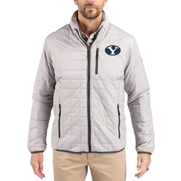 Men's-Cutter & Buck Gray BYU Cougars Rainier Eco Insulated PrimaLoft Full-Zip Puffer Jacket