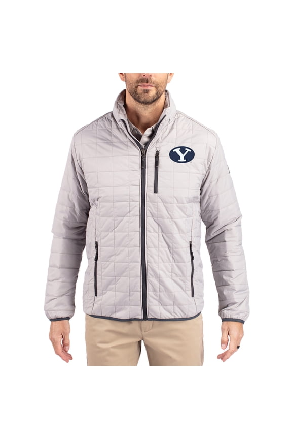 Men's-Cutter & Buck Gray BYU Cougars Rainier Eco Insulated PrimaLoft Full-Zip Puffer Jacket