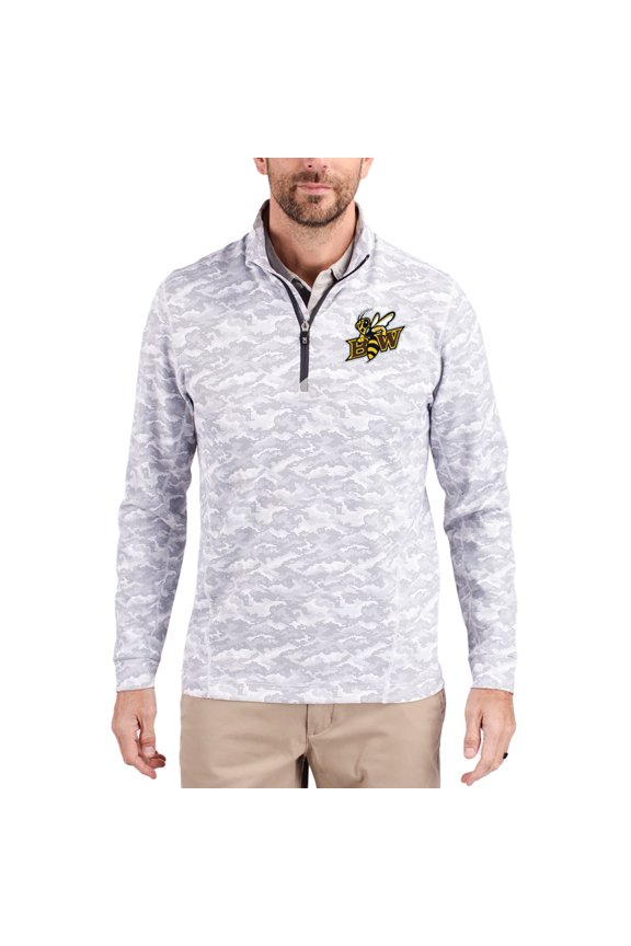 Men's-Cutter & Buck Gray Baldwin Wallace Yellow Jackets Traverse Stretch Eco Camo DryTec Tri-Blend Quarter-Zip Pullover
