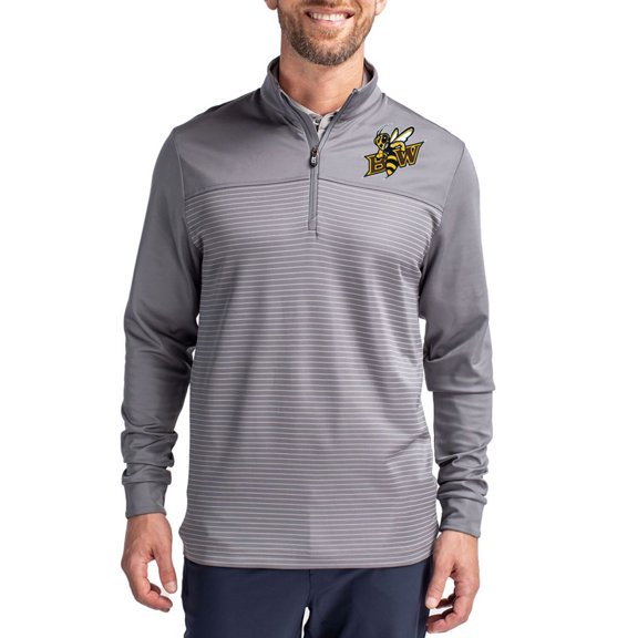 Men's-Cutter & Buck Gray Baldwin Wallace Yellow Jackets Traverse Stretch Eco Stripe DryTec Tri-Blend Quarter-Zip