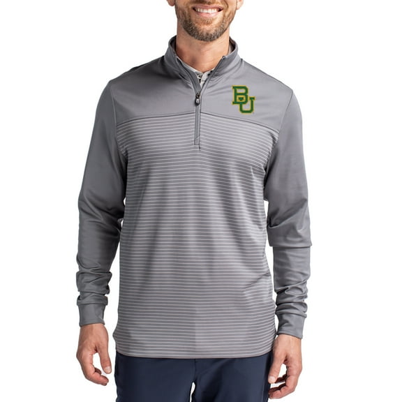 Men's-Cutter & Buck Gray Baylor Bears Traverse Stretch Eco Stripe DryTec Tri-Blend Quarter-Zip Pullover