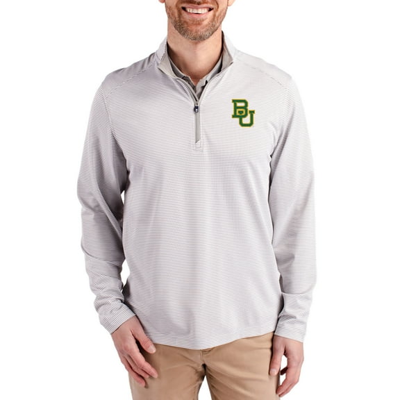 Men's-Cutter & Buck Gray Baylor Bears Virtue Micro Stripe DryTec Quarter-Zip Pullover