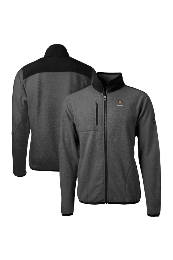 Men's Cutter & Buck Gray/Black Harvard Crimson Cascade Eco Sherpa Fleece Full-Zip Jacket