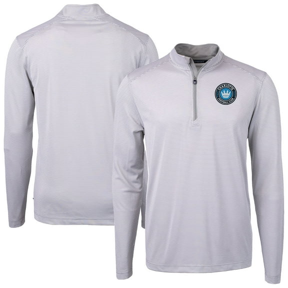 Men's-Cutter & Buck Gray Charlotte FC Virtue Eco Pique Micro Stripe Recycled Quarter-Zip Pullover Top